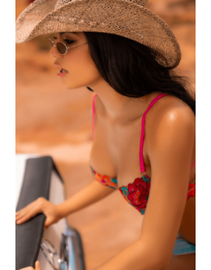 Ensemble 2 pièces résille brodée rose et bleue, soutien gorge et string