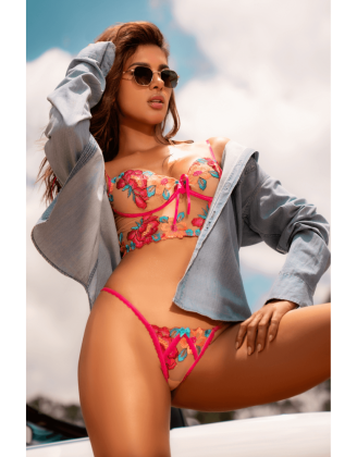 Ensemble 2 pièces brodé rose et bleu, bustier et string