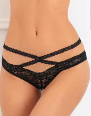 Tanga ouvert noir en dentelle avec ornements croisés avant arrière