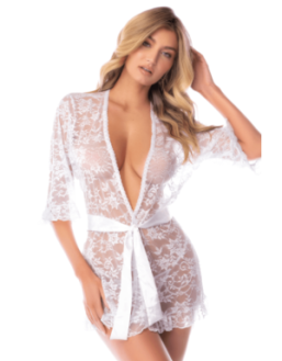 Kimono blanc en dentelle florale transparente avec ceinture – Mapalé