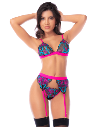 Ensemble lingerie 3 pièces bleu et rose brodé avec sequins – Mapalé