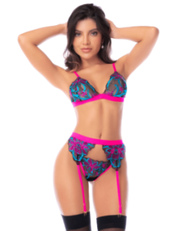 Ensemble lingerie 3 pièces bleu et rose brodé avec sequins – Mapalé