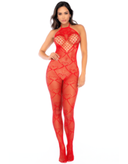 Bodystocking en résille rouge à motif cœur, orné de strass, ouvert à l’entrejambe - Mapalé