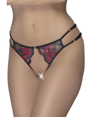 Culotte ouverte en fine dentelle florale rouge et noire