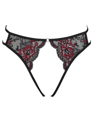 Culotte ouverte en fine dentelle florale rouge et noire