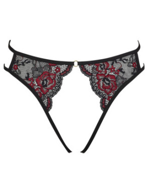 Culotte ouverte en fine dentelle florale rouge et noire