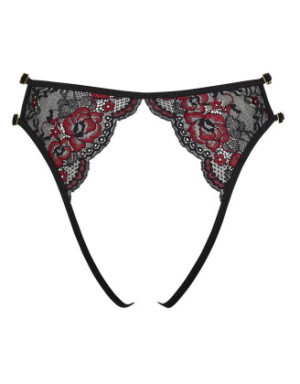 Culotte ouverte en fine dentelle florale rouge et noire