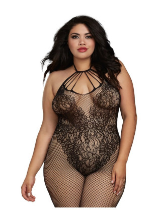 Bodystocking Grande taille résille dans un style Body avec magnifique décolleté à lanières