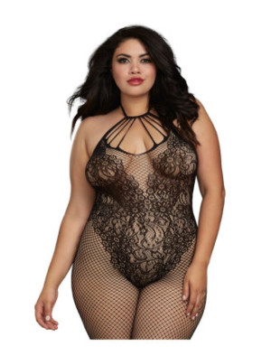 Bodystocking Grande taille résille dans un style Body avec magnifique décolleté à lanières