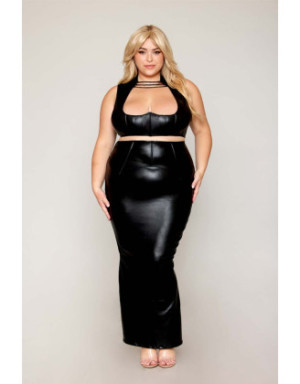 Ensemble Soutien-gorge et jupe longue, grande taille, noir en simili cuir