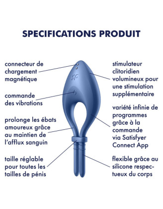 Cockring vibrant connecté USB bleu Bullseye Satisfyer