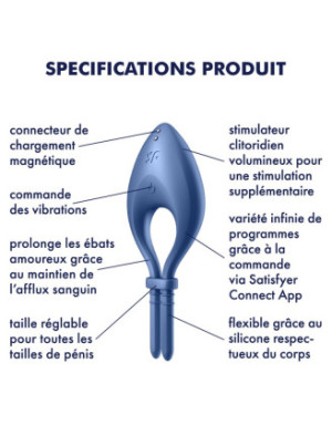 Cockring vibrant connecté USB bleu Bullseye Satisfyer