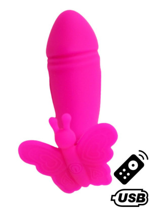 BUTTERFLY, Mini Vibromasseur avec stimulateur clitoridien Papillon rose USB, avec télécommande