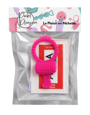 Anneau rose vibrant silicone avec langue picot Pocket Pleasure + 1 dosette de lubrifiant