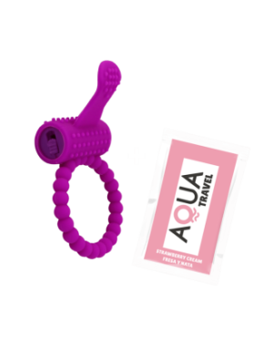 Anneau violet vibrant silicone avec langue picot Pocket Pleasure + 1 dosette de lubrifiant
