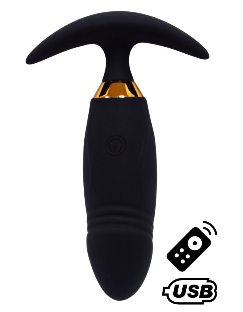 PEACH, Plug Vibrant noir long USB avec télécommande, dans un silicone médical doux et lisse