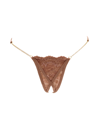 String en dentelle taupe ouvert avec chaînes dorées