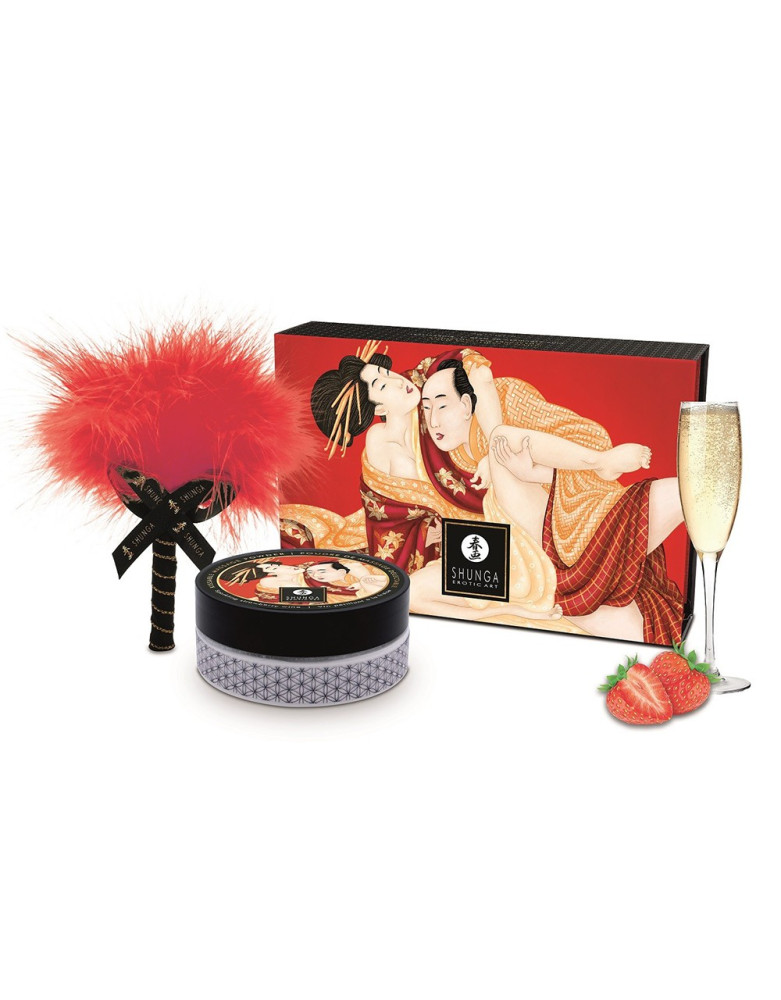 Mini Coffret poudre corporelle fraise/vin pétillant et plumeau assorti