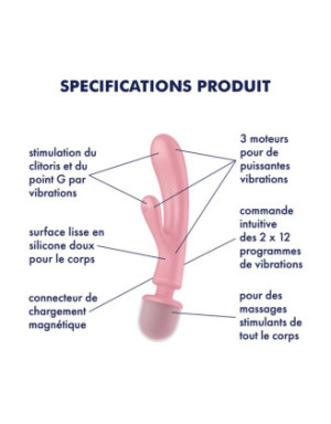 2 en 1 Vibromasseur rabbit et wand rose USB Triple Lover Satisfyer