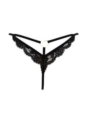 String noir en dentelle avec bijou cœur doré