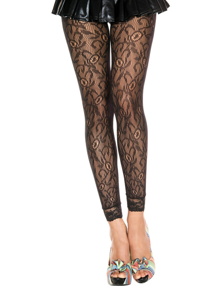 Legging fin noir résille et dentelle motif floral
