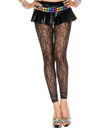Legging fin noir résille et dentelle motif floral