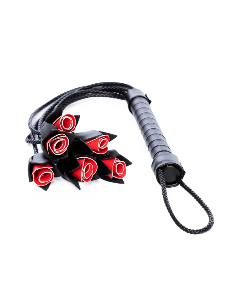Fouet multi-lanières noir avec roses rouges décoratives - Mapalé