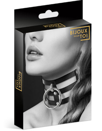 Collier en cuir noir SM triple lanière avec anneau métal argenté