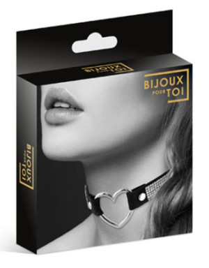 Collier en cuir noir SM avec bande de strass et coeur métal argenté