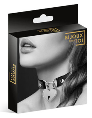 Collier en cuir noir SM avec pendentif cadenas coeur argenté