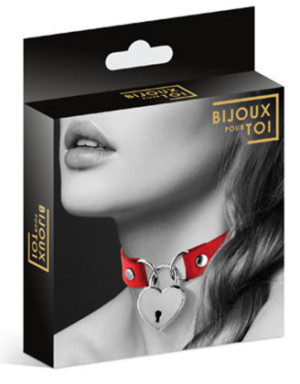 Collier en cuir rouge SM avec pendentif cadenas coeur argenté