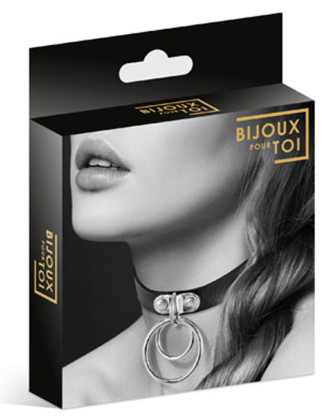 Collier en cuir noir SM avec double anneau métal argenté pour laisse