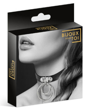 Collier en cuir noir SM avec double anneau métal argenté pour laisse