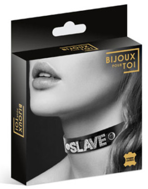 Collier en cuir noir SM avec Slave en strass