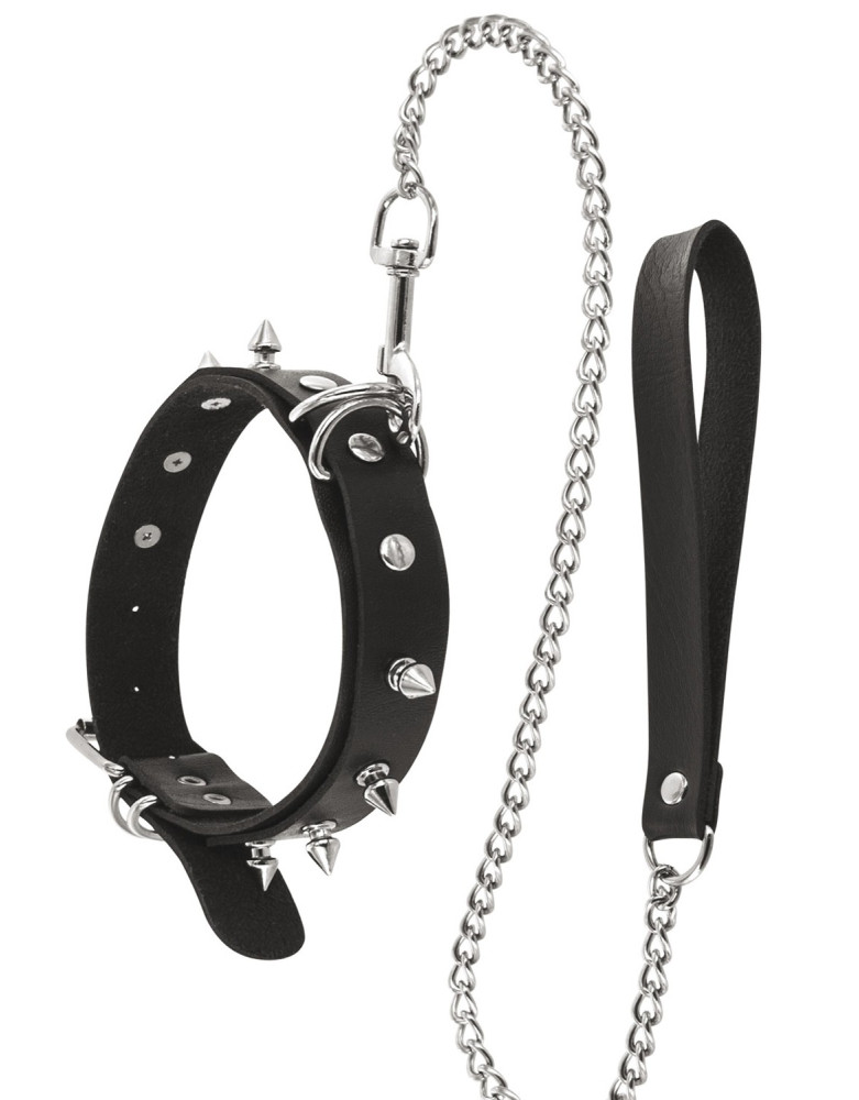 Collier fétichiste avec anneaux pointes et laisse métallique
