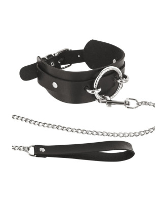 Collier fétichiste large anneau métal et laisse