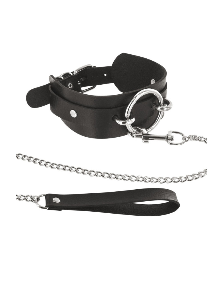 Collier fétichiste large anneau métal et laisse