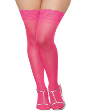 Bas roses grande taille nylon autofixants jarretières dentelle