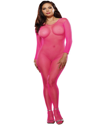 Bodystocking rose fluo résille grande taille ouvert à l'entre-jambes