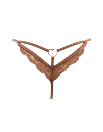 String taupe en dentelle avec bijou cœur doré
