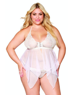 Babydoll et string grande taille en résille et dentelle blanche