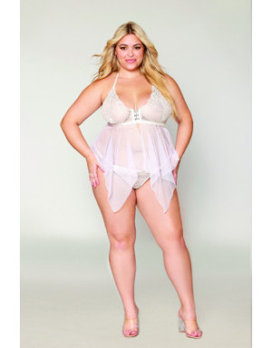 Babydoll et string grande taille en résille et dentelle blanche