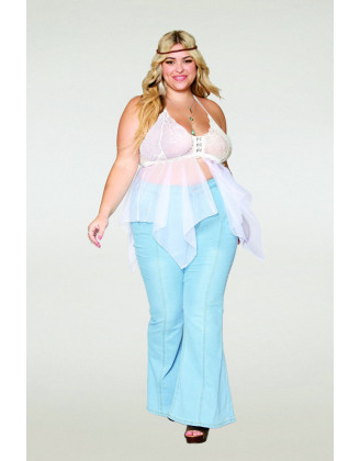 Babydoll et string grande taille en résille et dentelle blanche