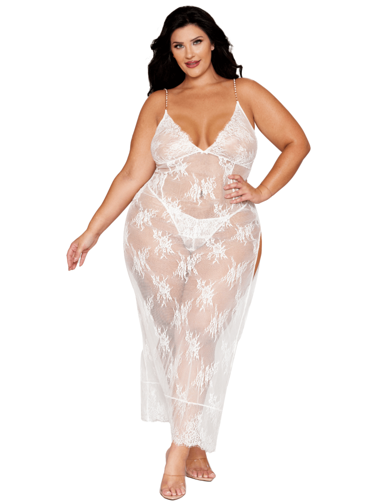 Nuisette longue blanche grande taille en dentelle florale, string assorti