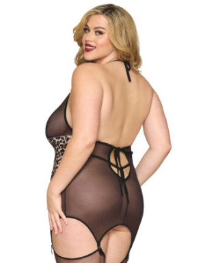 Guépière grande taille en fine résille avec serre taille à laçage et porte jarretelles