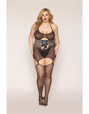 Guépière grande taille en fine résille avec serre taille à laçage et porte jarretelles