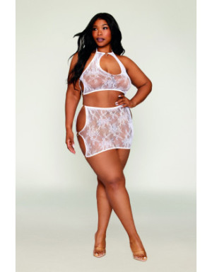 Ensemble 2 pièces grande taille top et jupe en résille fantaisie blanche