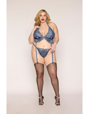Soutien porte jarretelles grande taille et string en dentelle florale bleue