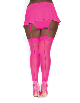 Bas nylon rose néon coutures grande taille pour jarretelles