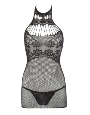 Petite robe en résille noire, sans couture, avec dentelle sur la poitrine. String assorti